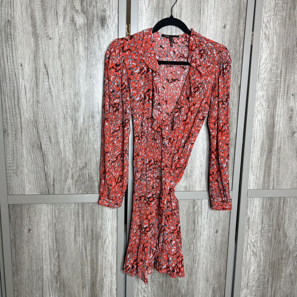 Maje Dress Women Size 1 / S Wrap Mini Red Animal Print Rosetto Imprime